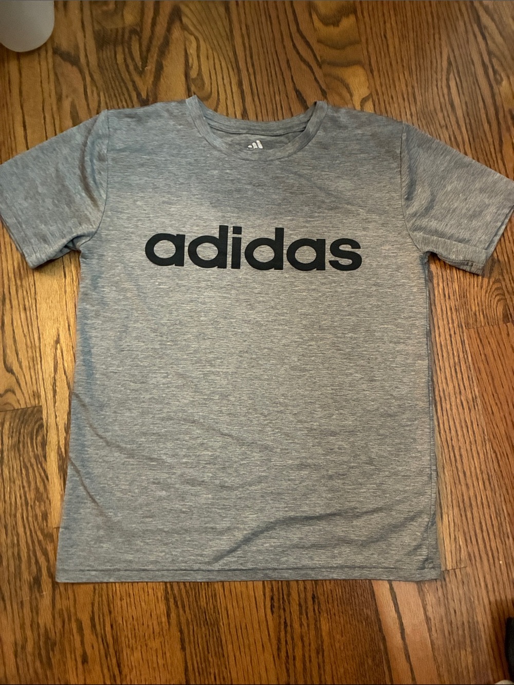 adidas Gray Short Sleeve Tee athletic Black Logo boys size 10/12 polyester
